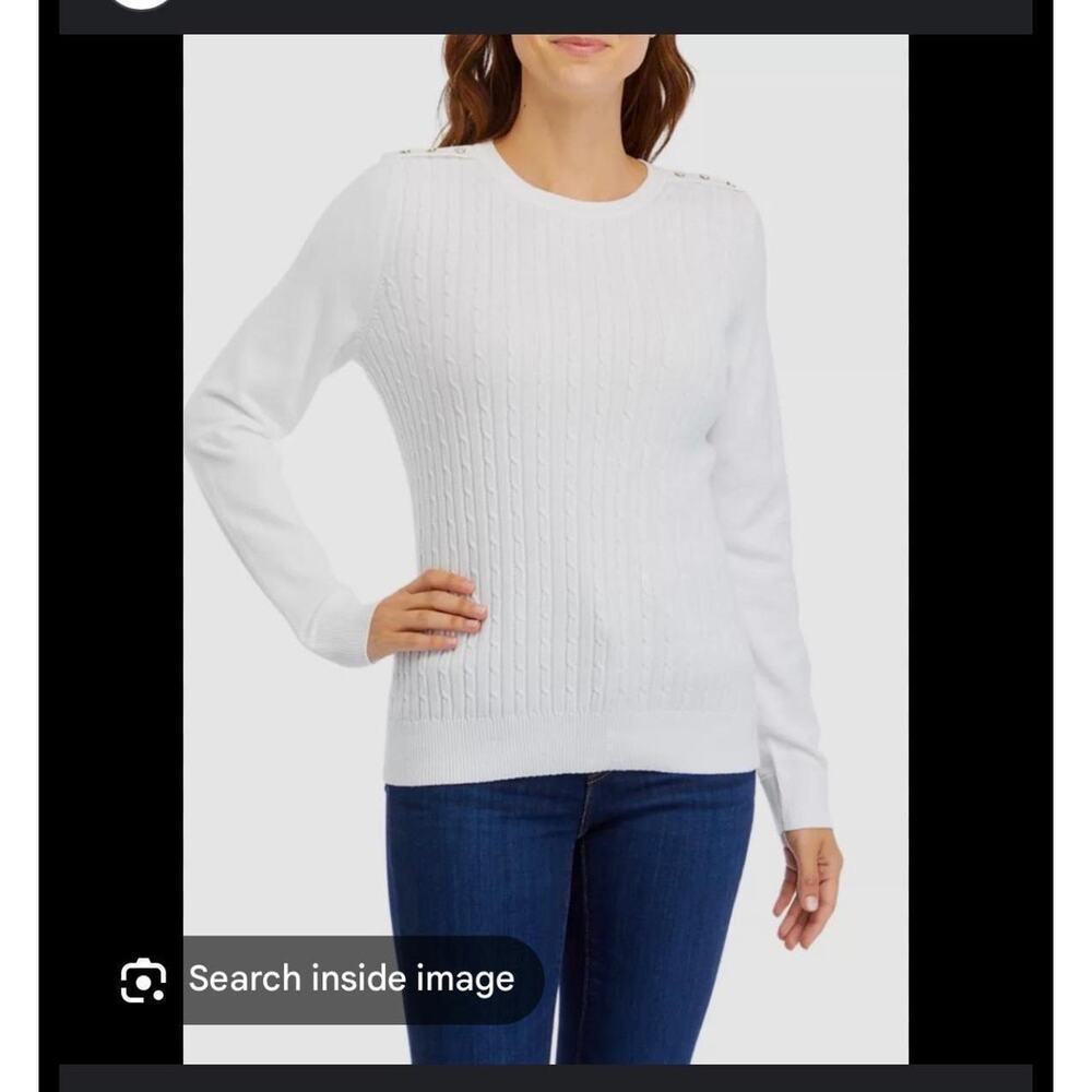 Kim Rogers Petite White Cable Knit Crew Neck Long Sleeve Sweater Size PM